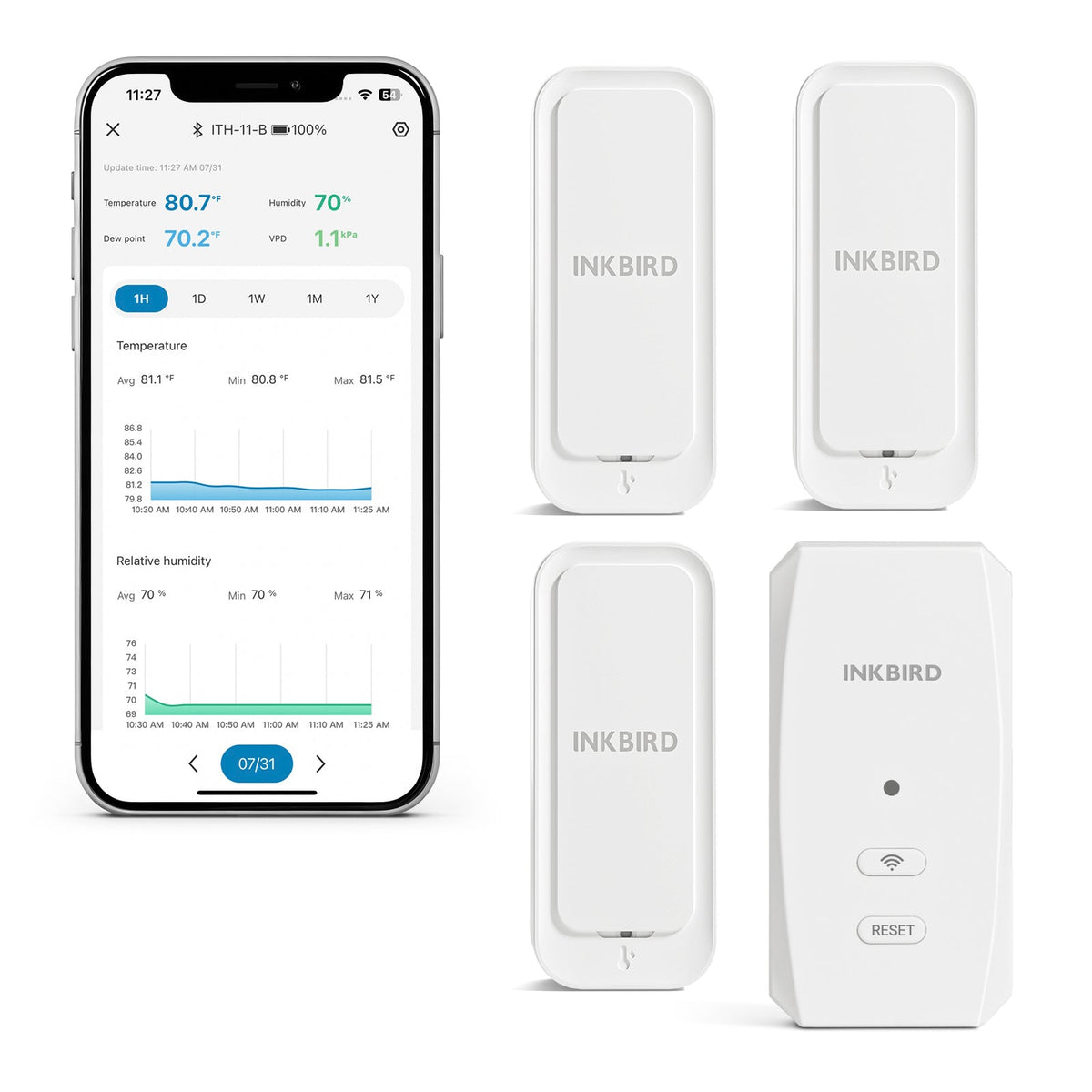 Three Bluetooth Hygrometer Thermometer Set ITH - 11 - B with WiFi Gateway IBS - M2S - B - INKBIRD