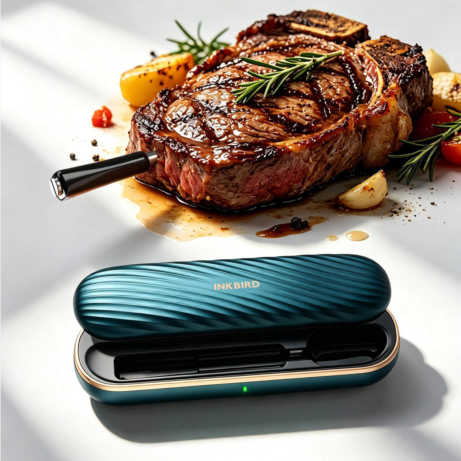 INT-11X-B Wireless Meat Probe Inserted in Steak