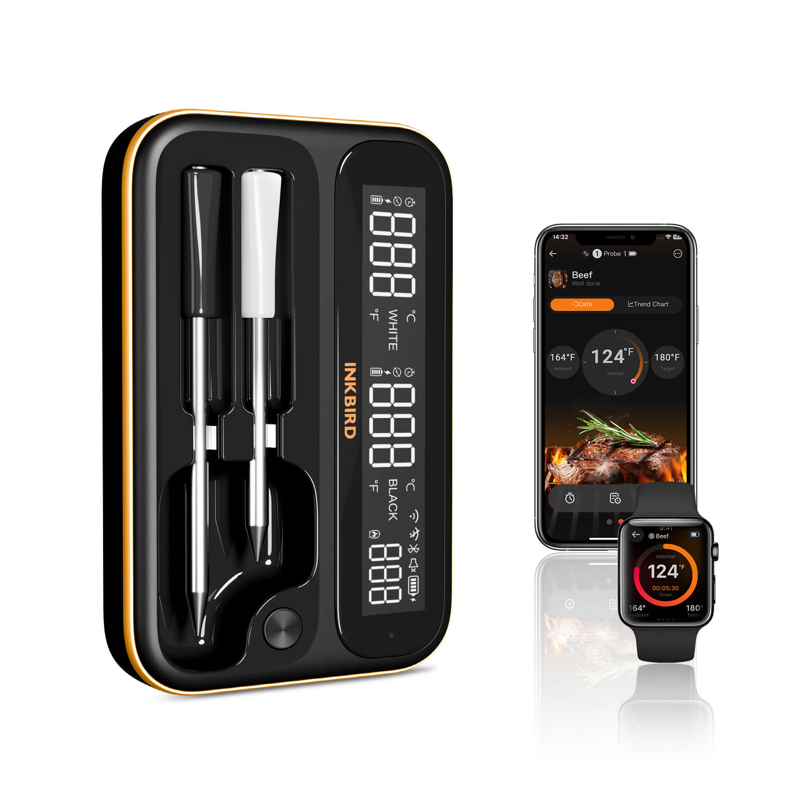INT-12-BW Black Thermometer with Phone and Apple Watch
