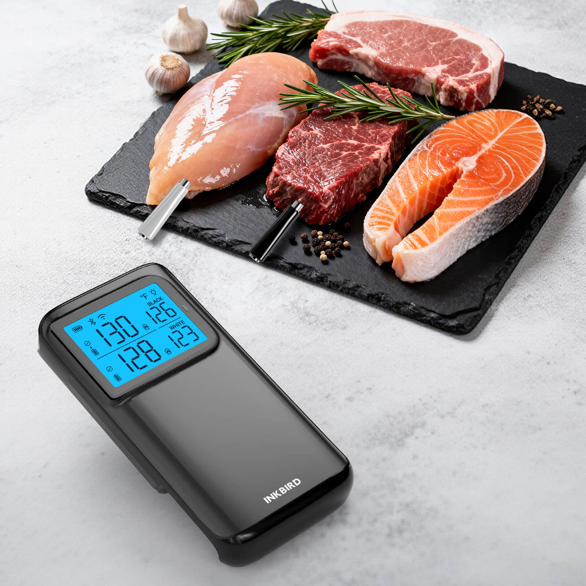 INT-12E-BW Probes Inserted in Different Meats