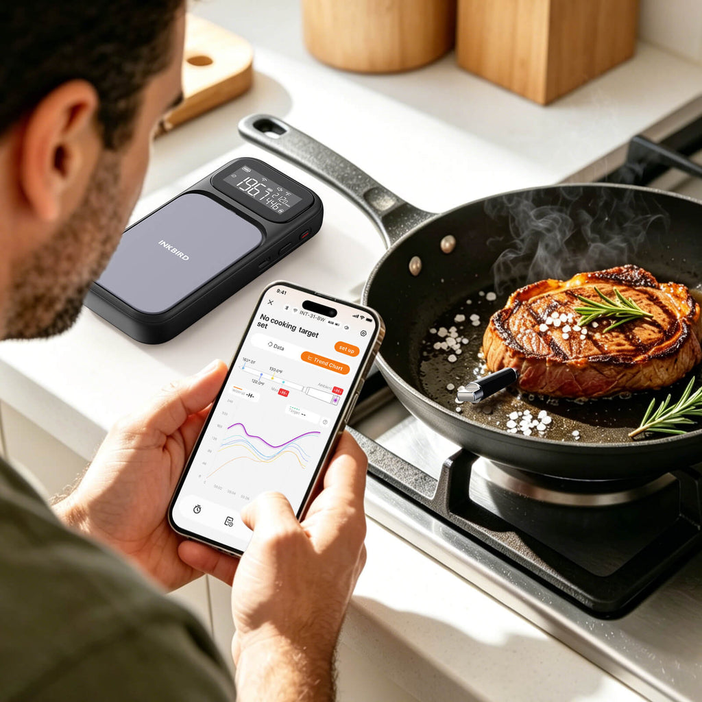 INT-31-BW Meat Thermometer Monitoring Pan-Searing Steak